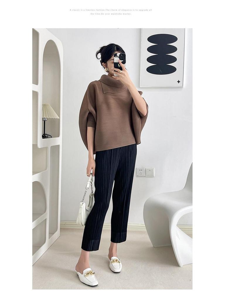 Miyake Damen Plissee Fledermausärmel Oberteil - Lockere Passform, Lange Ärmel, Einfarbig, Ideal für Frühling und Herbst