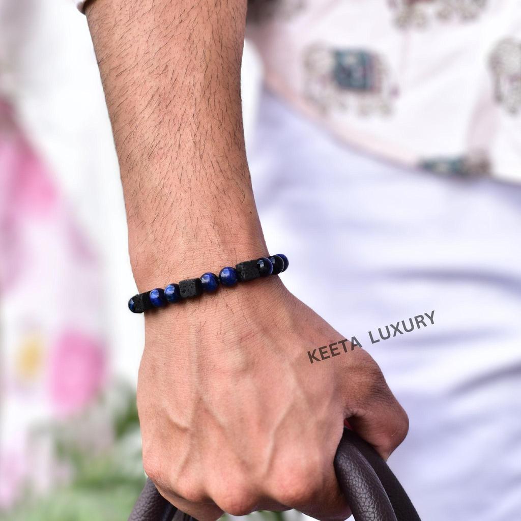 Natural Blue Tiger's Eye and Lava Cube Beaded Bracelet Healing Diffusible Bracelet Blue Tiger's Eye Jewelry Stretchable Bracelet for Men