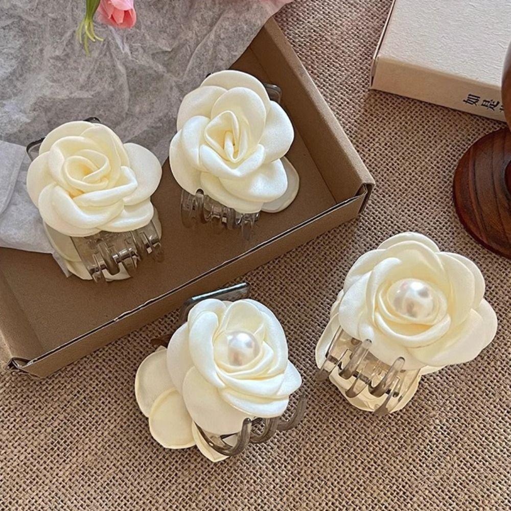 Small Fabric Floral Hair Clip Elegant Pearls Flower Hair Claw Camellia Hair Clip Back Head Wear