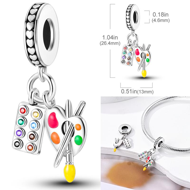 925 Sterling Silver Artist Brush Tools Color Palette Oil Painting Charms Girl Beads Fit Necklace Bracelets DIY Jewelry Gifts