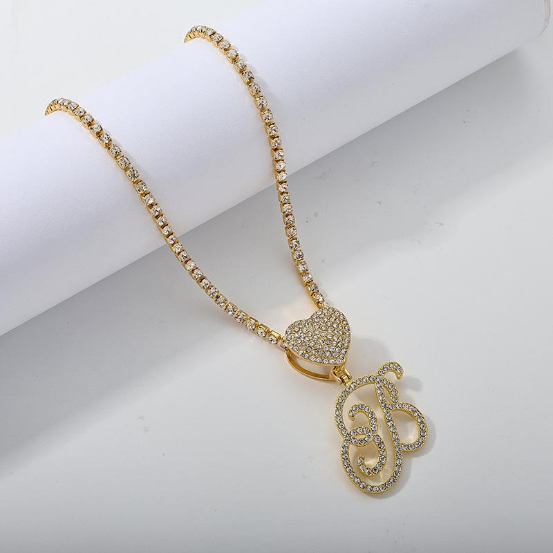 26 Flower Letter Necklace: Hip Hop Heart Pendant with Full Diamond Inlaid Tennis Chain for Women
