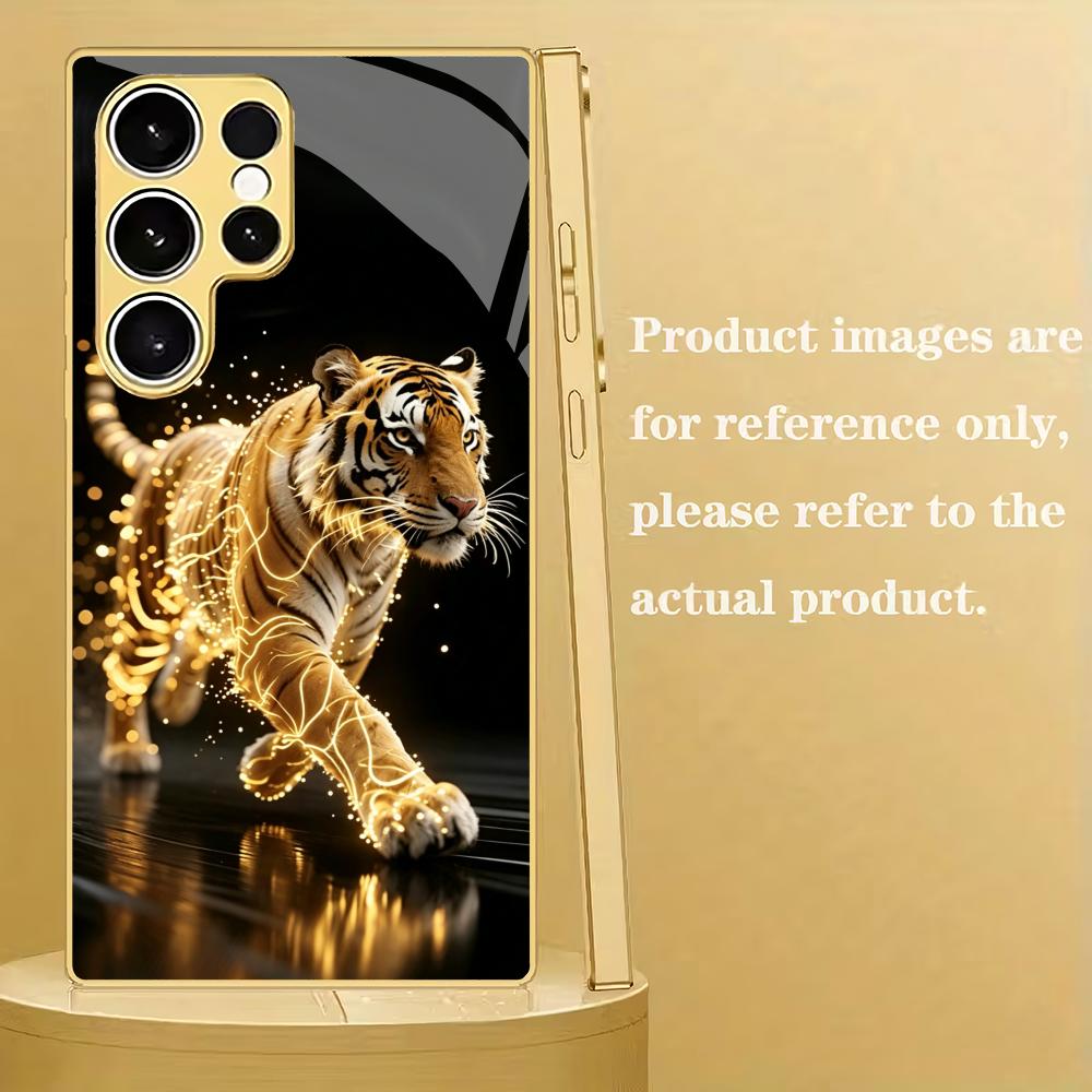 Golden Tiger Metallic Glass Phone Case Suitable for Samsung Galaxy S26 S25 S24 S22 S21 S20 FE/Ultra/Plus Anti Drop Rear Cover