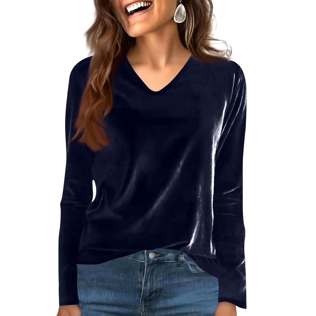 Women's Fashion Casual Velvet Solid Colour V-Neck Long-Sleeved T-Shirt Top