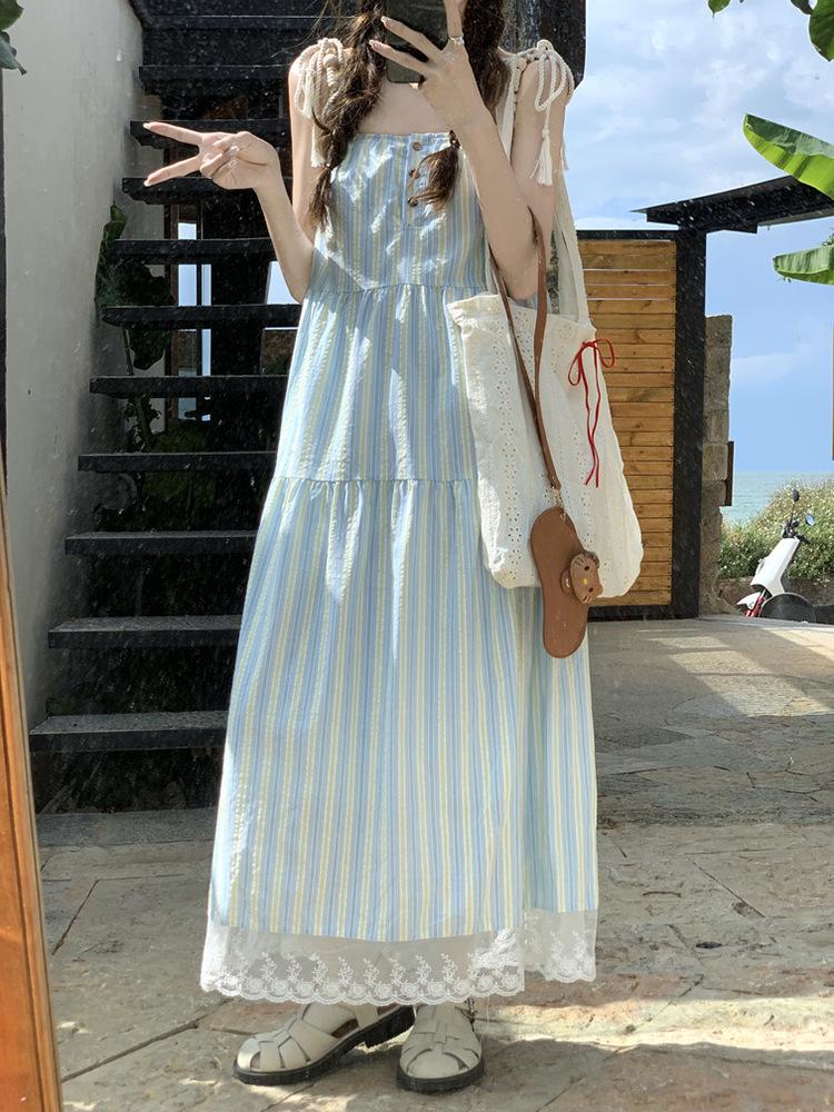 Women's Seaside Striped Camisole Dress - French Style Summer 2026, Loose Fit, Petite Long Dress