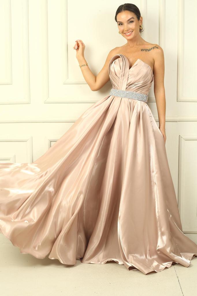 ქალის თასმების გარეშე უკანა მაქმანებიანი ქამარი ქვებიანი ხაზით ნაკეცებიანი ატლასის სრული წრის გაშლილი კაბა