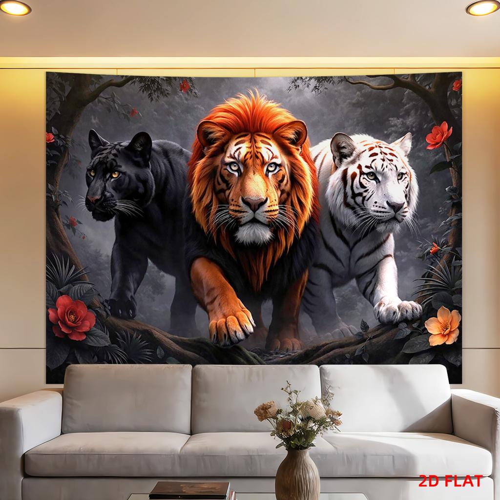 Majestic Lion Tiger Black Panther Jungle Flowers Tapestry Wall Hanging For Living Room Bedroom Decor Wild Animal Art Print Home