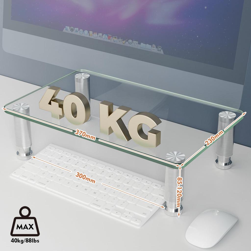 2-Pack Lihit Lab Desktop Monitor Stand with Keyboard Storage, 380mm Wide, Adjustable Height, Clear Glass (430*275*55mm)