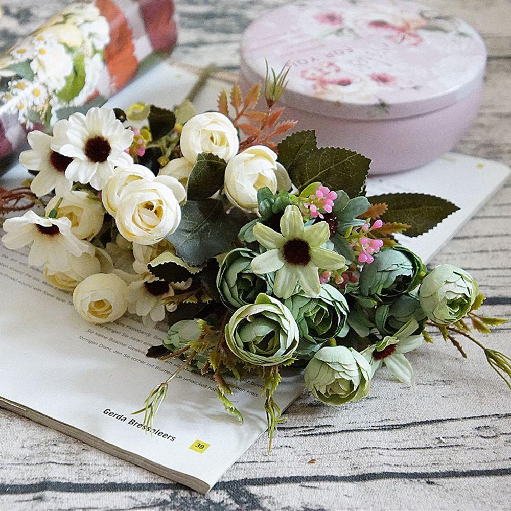 Bunch Retro Wedding Handmade Party Supply Fake Daisy Bridal Bouquet Artificial Flower Silk Tea Rose
