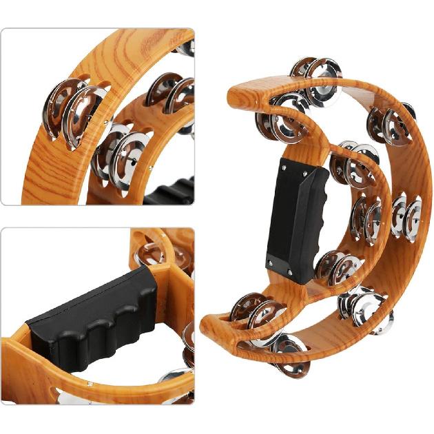 Tambourine, Double Row Metal Jingles Hand Held Percussion Tambourine Half Moon Handbell Musical Instrument with Ergonomic Grip for Adults