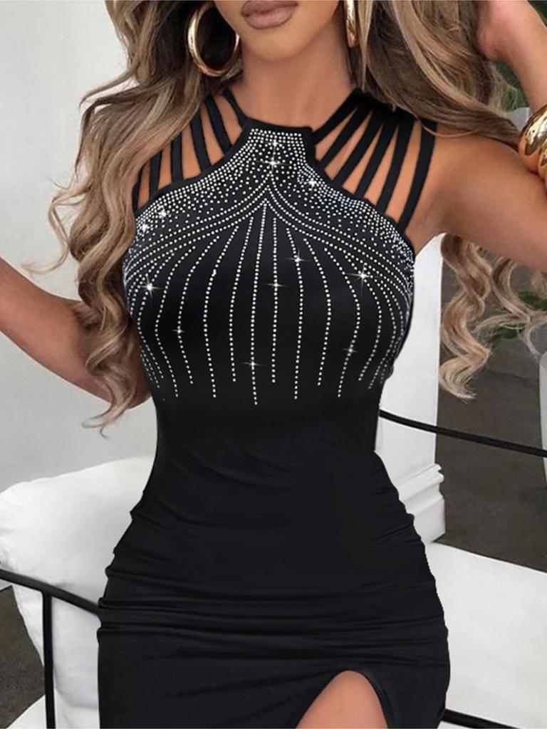 Women Sleeveless Bodycon Dresses Sparkling Rhinestone Embellishments Girl Cocktail Evening Dresses