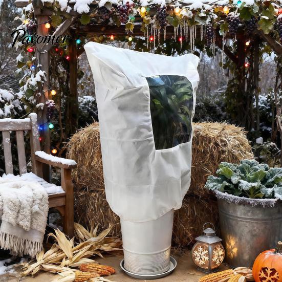 Winter Garden Plant Shield Cover, Drawstring Freeze Protection Bag with Window, Non-woven Outdoor Fruit Tree Fabric Frost Blanket for Potted