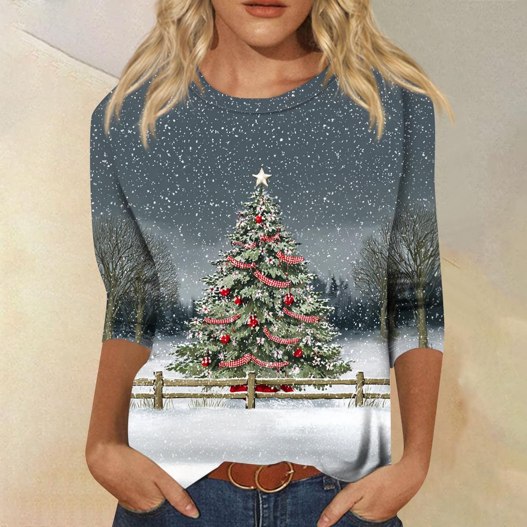 Women's Fashion Casual Round Neck 3/4 Sleeve Loose Printed T-Shirt Ladies Top