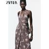 Zaprha 2025 Autumn New Pleat Print Hollow Silk Mesh Double Placket Hanging Collar Length Dress 5039145