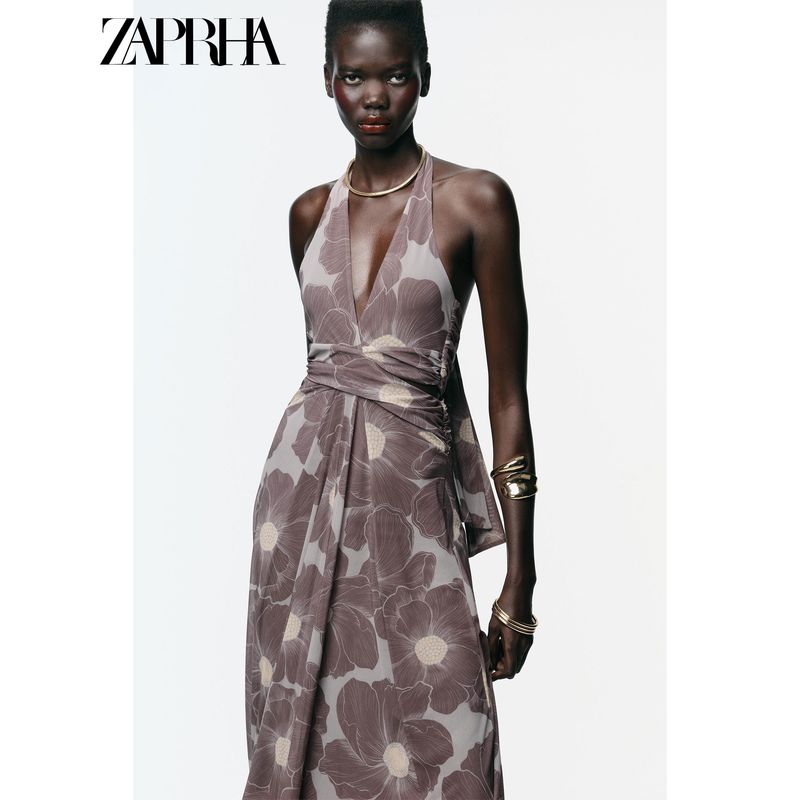 Zaprha 2025 Autumn New Pleat Print Hollow Silk Mesh Double Placket Hanging Collar Length Dress 5039145