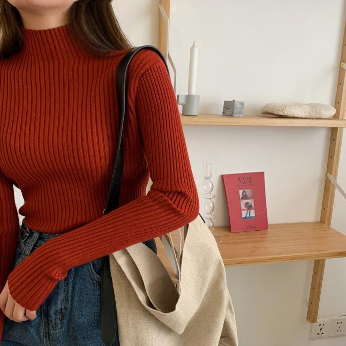 

Женский корейский трикотажный свитер с полувысоким воротником, приталенный, укороченный, с длинным рукавом One Size красный