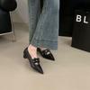 2025 Autumn New Pointed Head Shallow Mouth Low Heel Single Shoes Bow Lace Up Thick Heel Medium Heel Women's Shoes Versatile Small Leather Shoes