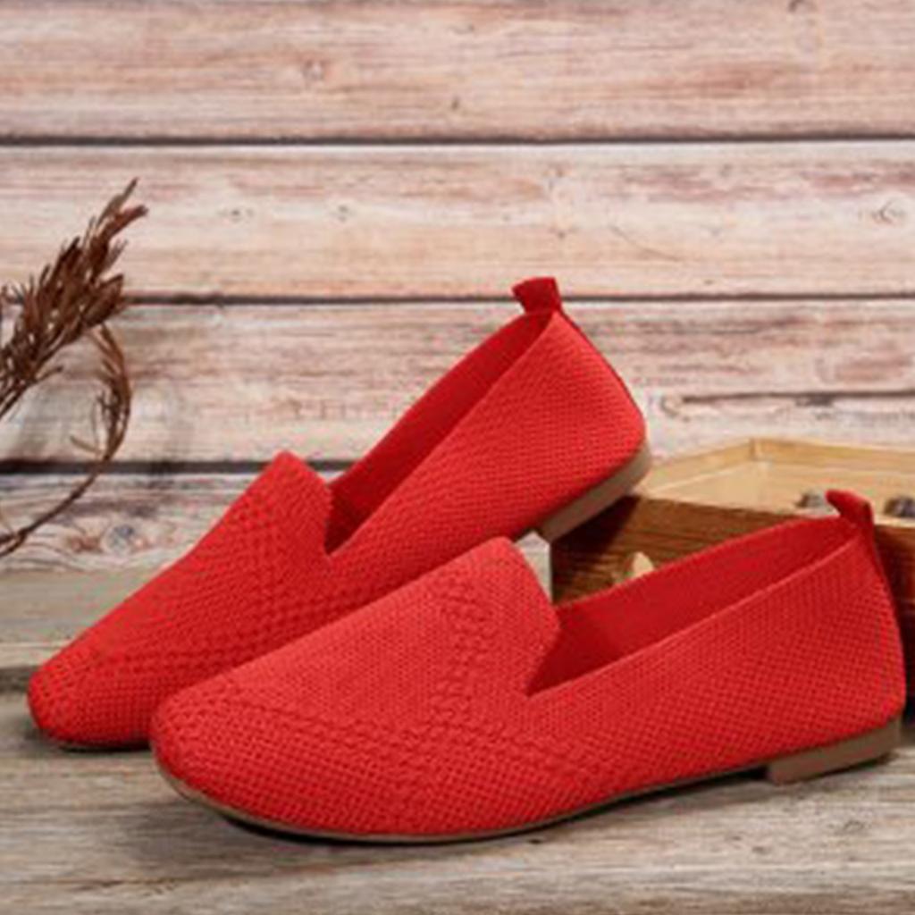 Women Slip On Casual Flat Shoes Metal Buckle Loafers Comfortable Lightweight Breathable Knit Fabric Large Size