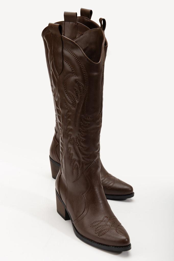 Women Modern Stylish Fashion Boots Boots Faux Leather Suede Beige Cream Nude Matte Suede Embroidered Embossed Western Cowboy Boots Boots