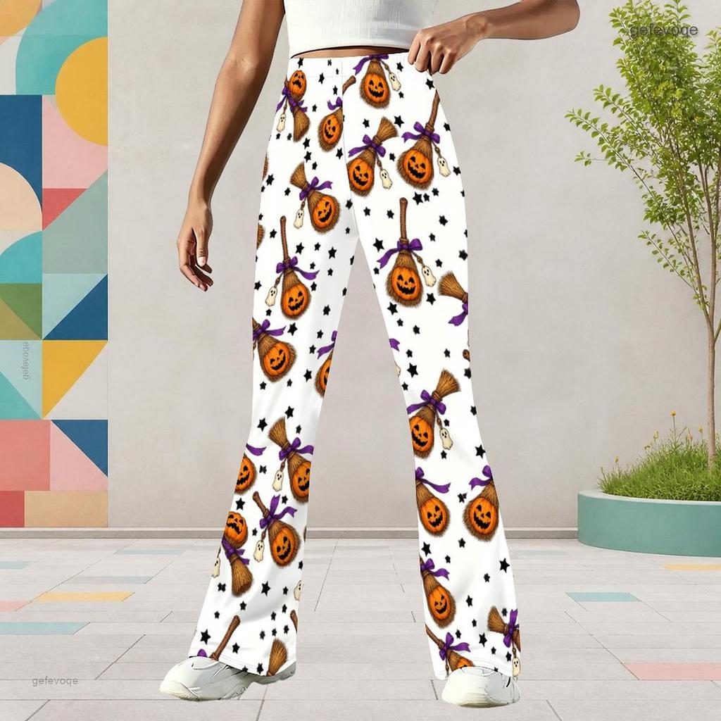Girls Cartoon Potted Carnivorous Plant Print White High Waist Flare Pants