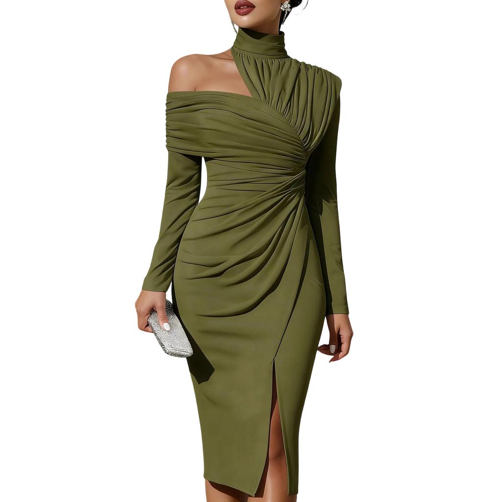 Dámské letní módní barevné šaty s dlouhým rukávem, odhalujícími ramena a rozparkem, s elegantním a štíhlým střihem, podtrhující temperament