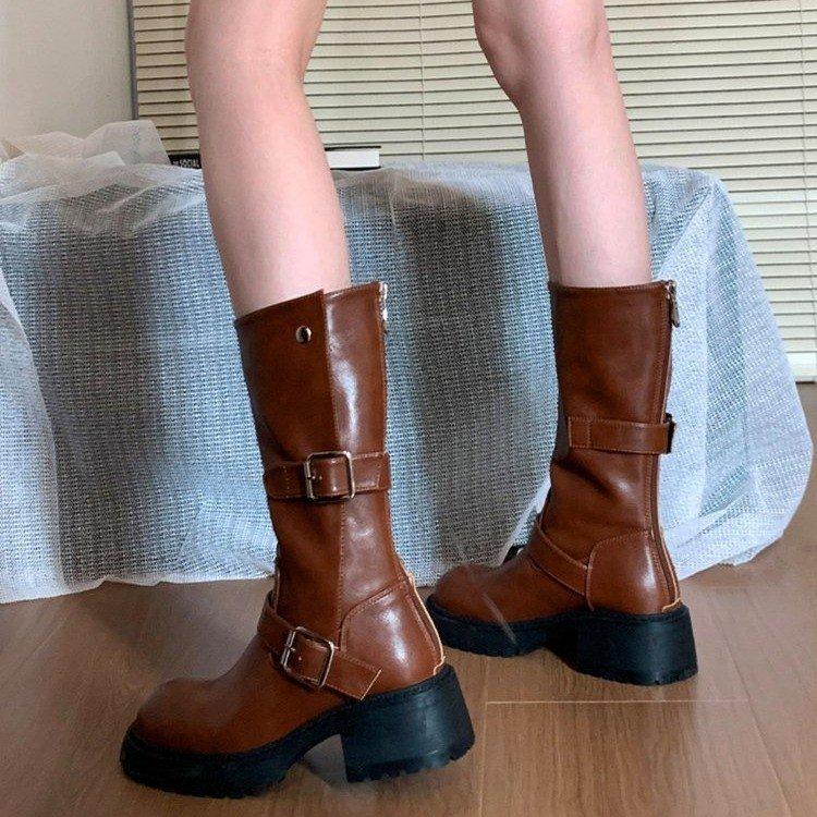 

Artist Illustrated~ Platform Boots Women s Versatile Skinny Boots Rear Zipper Belt Buckle Martin Boots 40 коричневый