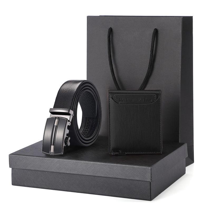Men's Business Gift Set: Cowhide Wallet with Automatic Buckle Belt