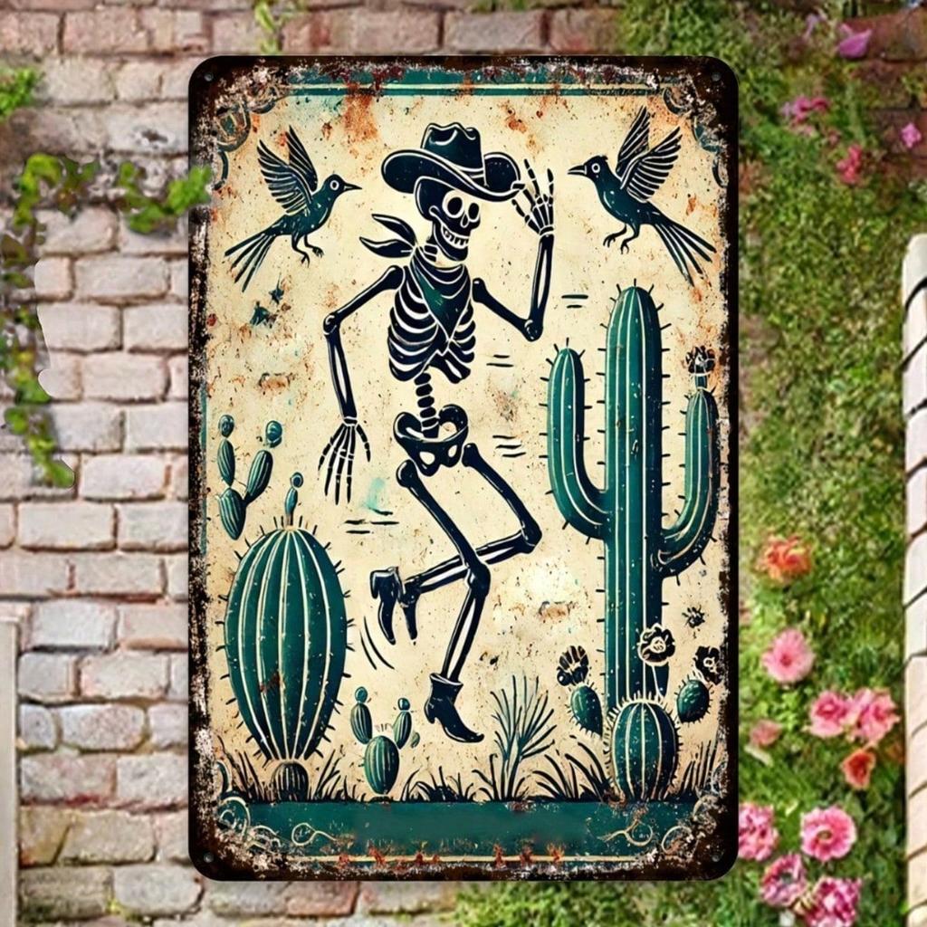 Vintage Western Cowboy Skeleton Parrot Tin Sign 8x12In Rustic Metal Wall Art Bar Cafe Decor