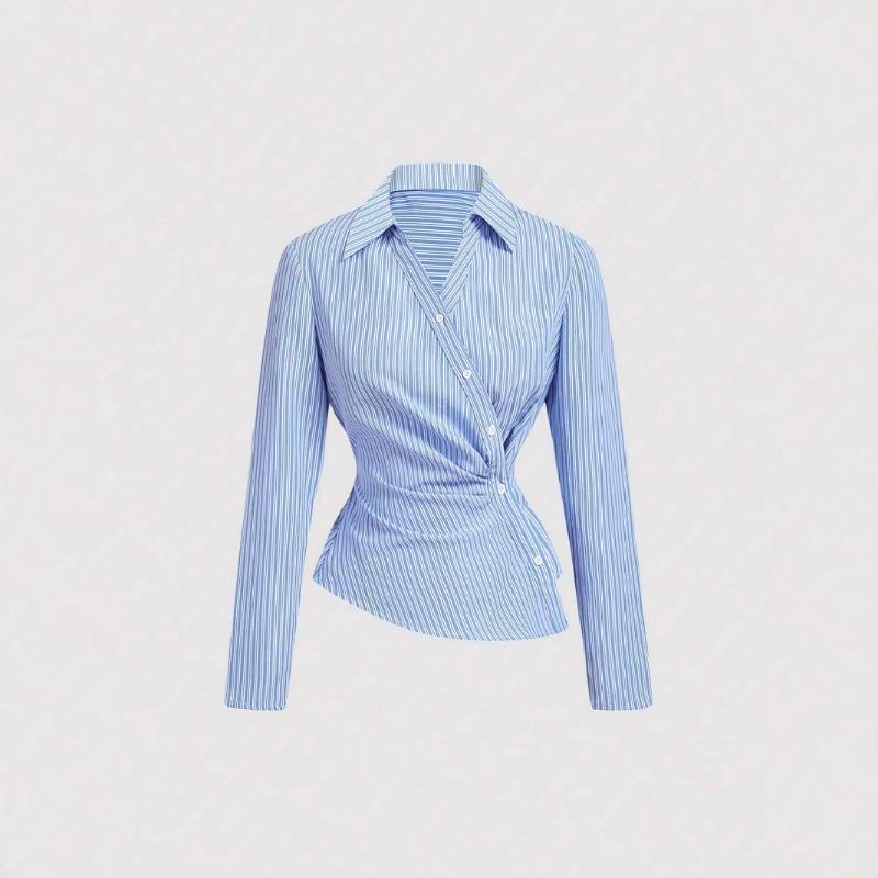 Women Blue White Striped Asymmetric Long Sleeve Twist Shirt S