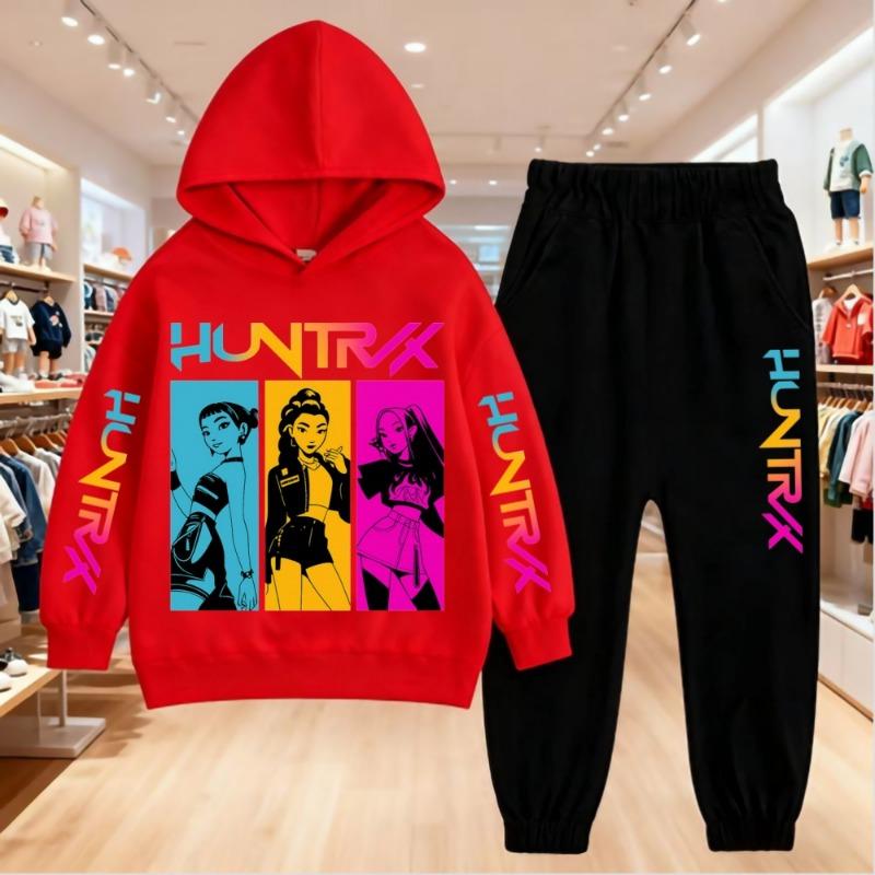 KPop Demon Hunters Printing Hoodies Sets Kids Clothes Children Hoodie+pants Suitable 3-12 Years Boys Girls Pink Black Sweatshirt