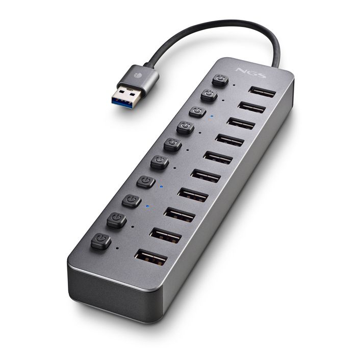 NGS IHUB 10 : Hub 10 ports USB 3.0, transfert 5Gbps, câble 180mm, Plug & Play, noir