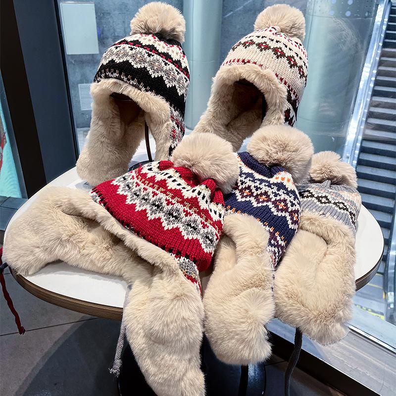 Northeast Cycling Ear Protection Wool Hat Women's Winter Plush Jacquard Knitted Lei Feng Hat Thickened Warm Bag Head Hat