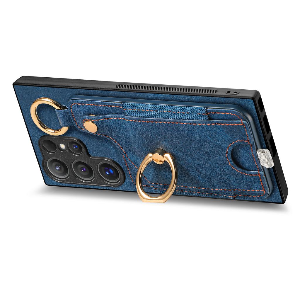 For Samsung Galaxy S25 Ultra Retro Leather Phone Back Cover with Card Slots and Ring Holder