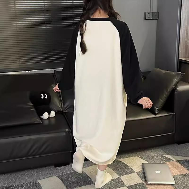 Women's Cartoon Flannel Nightgown – Cute, Cozy, Long Sleeve, Mid-Length Dress for Fall/Winter, Suitable for Home or Outdoors