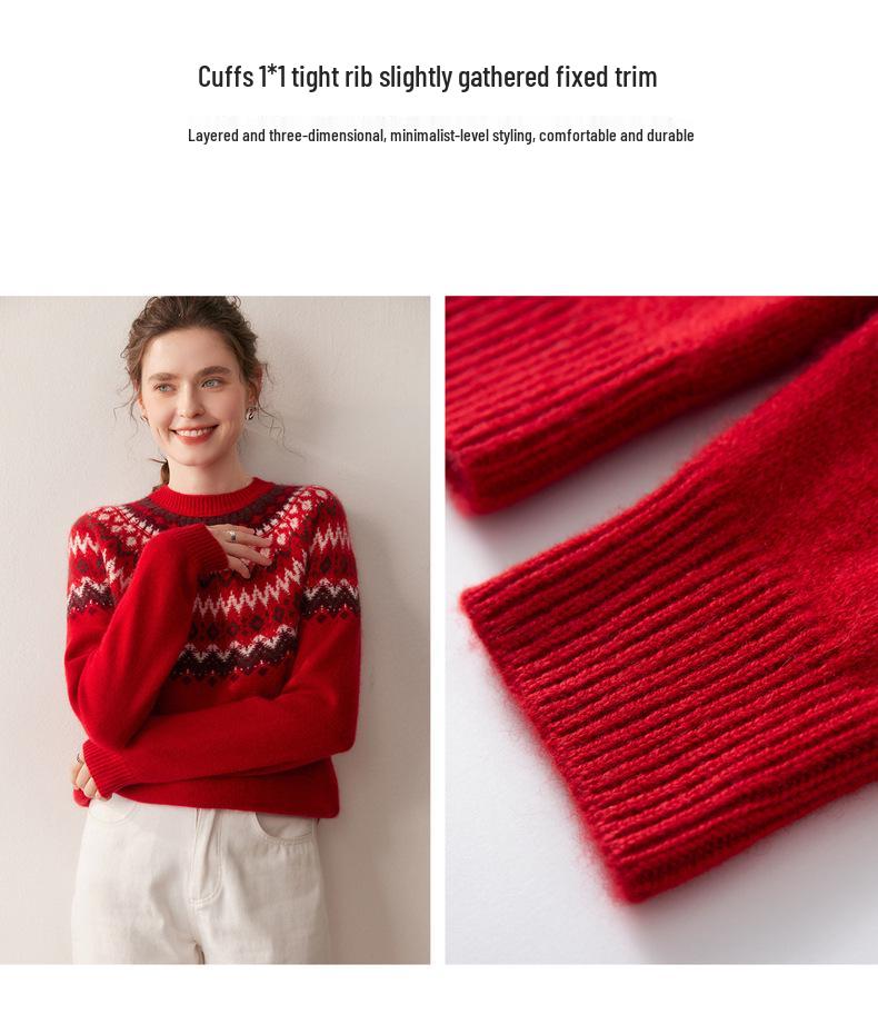 2025 Autumn/Winter Women's Fair Isle Cashmere Knit Sweater: Thick, Loose, Round Neck, Long Sleeve Base Layer.
