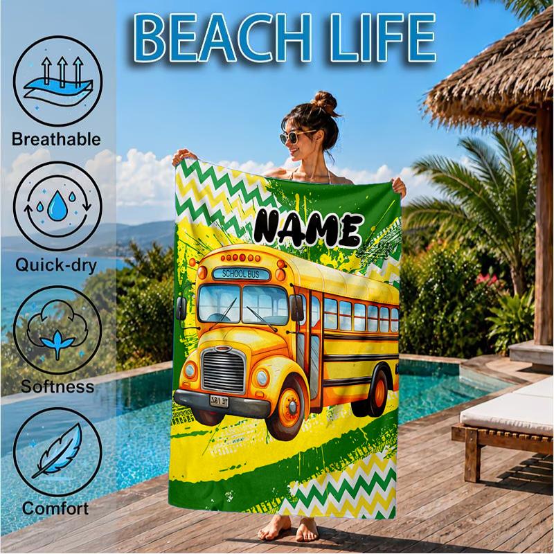Custom Name School Bus Adventure Beach Towel Microfiber Beach Towel, Lightweight and Quick-Dry, for Summer Travel, Swimming Pool Gift
