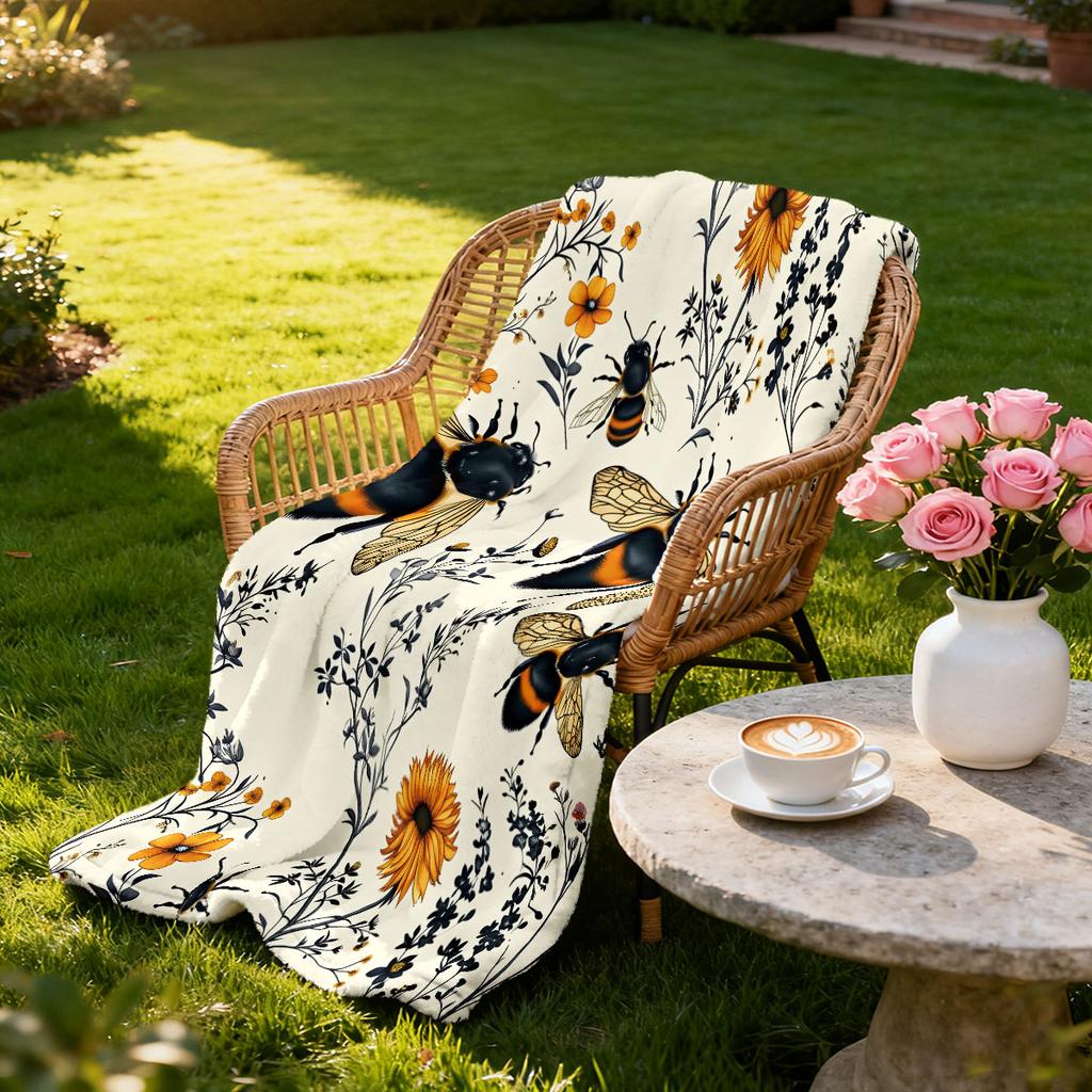 1pc Spring Bee Flower Printed 230 Flannel Blanket In Multiple Sizes, Soft And Comfortable Napping Cover Carpet, Machine Washable