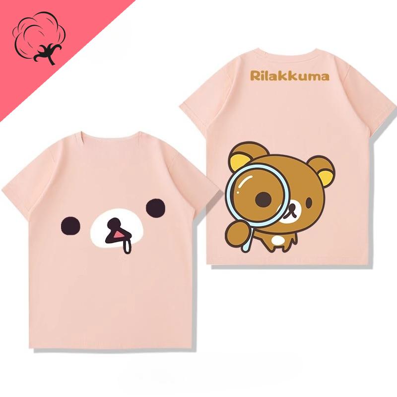 Anime Shirt Rilakkuma Cartoon Cotton Crewneck Casual Kawaii Unique Printed Tee Boy Girl Cute Style Camisa Y2k Clothes Women Tops