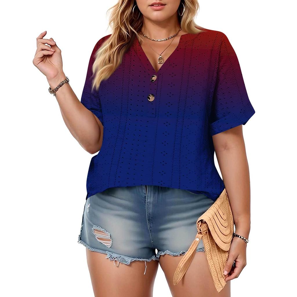 Plus Size Women's Fashion Casual Vintage  V-Neck Short Sleeve Button T-Shirt Top