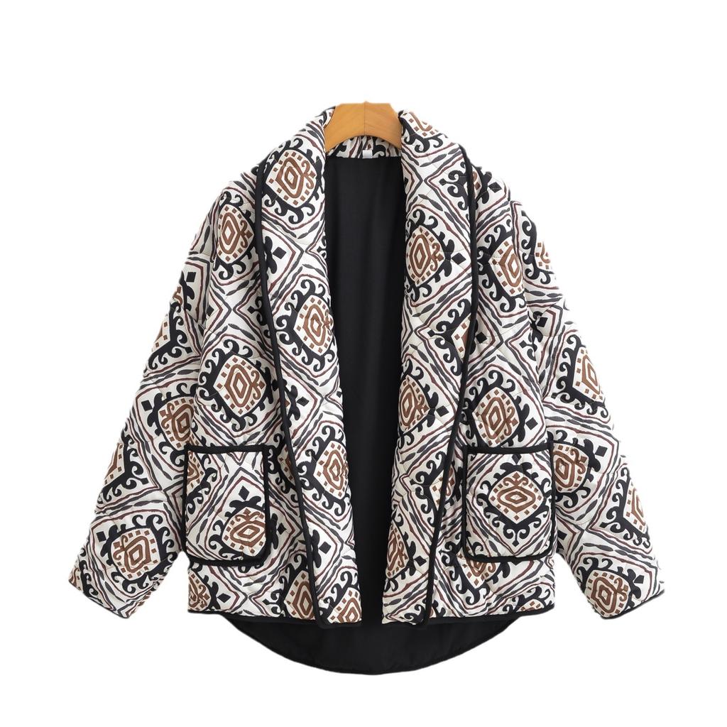 Lapel Printed Short Cotton Jacket Women Long Sleeve Warm Pocket Cardigan Coat Thick Autumn Winter Fashion Female Street Outwear