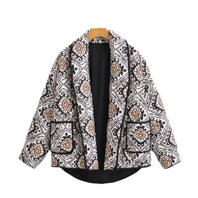 Lapel Printed Short Cotton Jacket Women Long Sleeve Warm Pocket Cardigan Coat Thick Autumn Winter Fashion Female Street Outwear