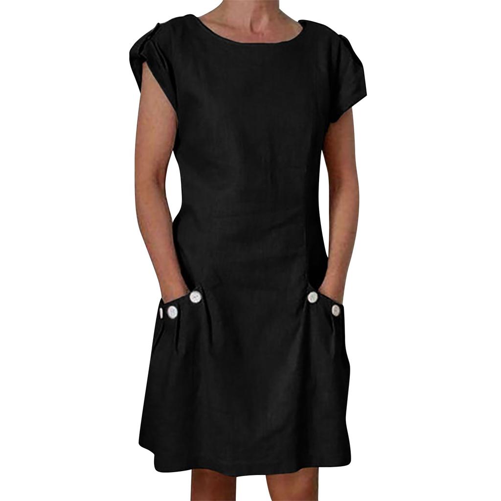 Women's Cotton Linen Color Loose Round Neck Short Sleeve Pockets Dress