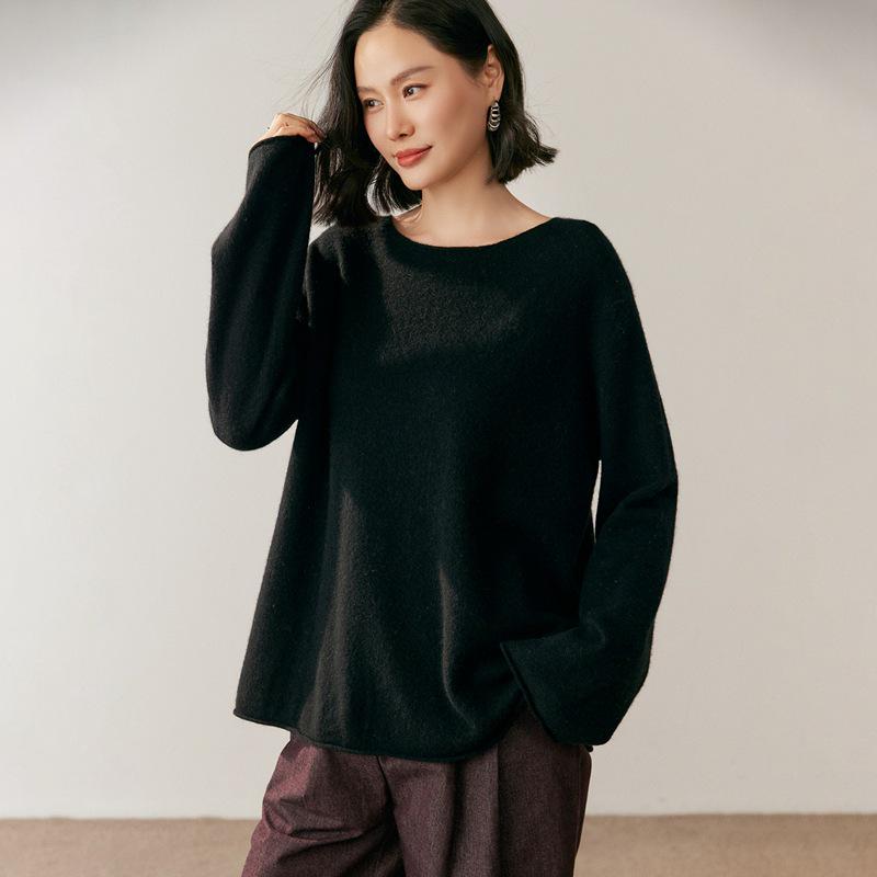 Lekasha Women's Cashmere Rolled Hem Sweater - Autumn/Winter, Twelve-Needle, Round Neck, Widened Sleeves, Loose Fit, Warm Base Layer