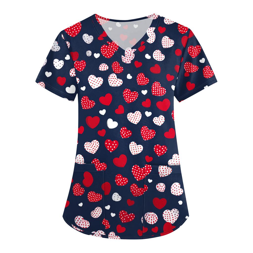 Women's Valentine's Day Print Loose V-neck Pocket Short-sleeved Caregiver Uniform/ Uniform