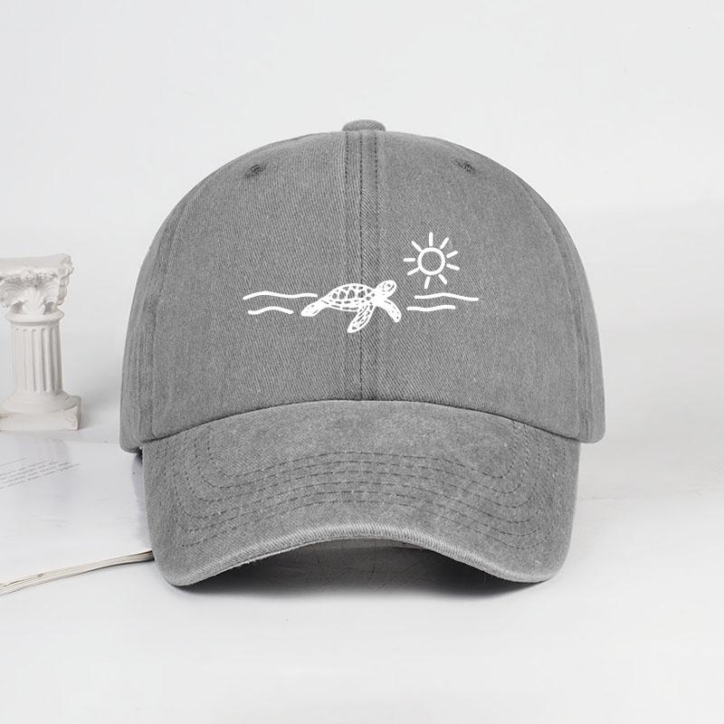 Vintage Washed Baseball Cap with Turtle, Sun, and Wave Print  Unisex Cap Perfect for Beach Vacations, Camping, and Fishing