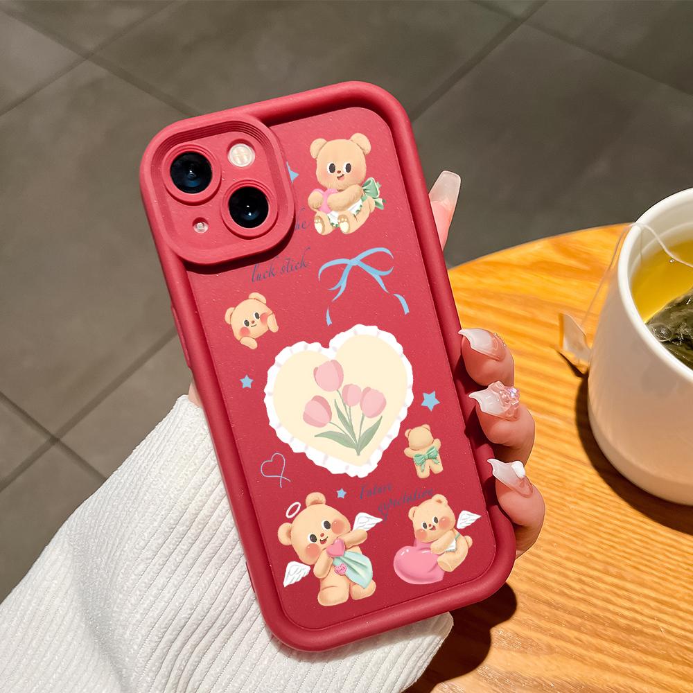 Silikonový kryt s kresleným vzorem květiny a medvěda pro iPhone 16 15 Pro Max Redmi Note 13 12 11 Pro Samsung S24 Plus S24 Ultra A52 A72 A54