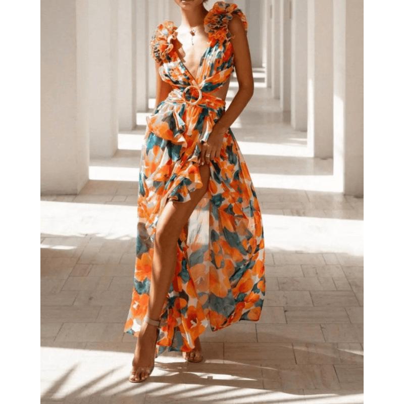 Autumn Europe, America, New Fashion and Leisure Home Floral Backless Waist Temperament French Dress Women