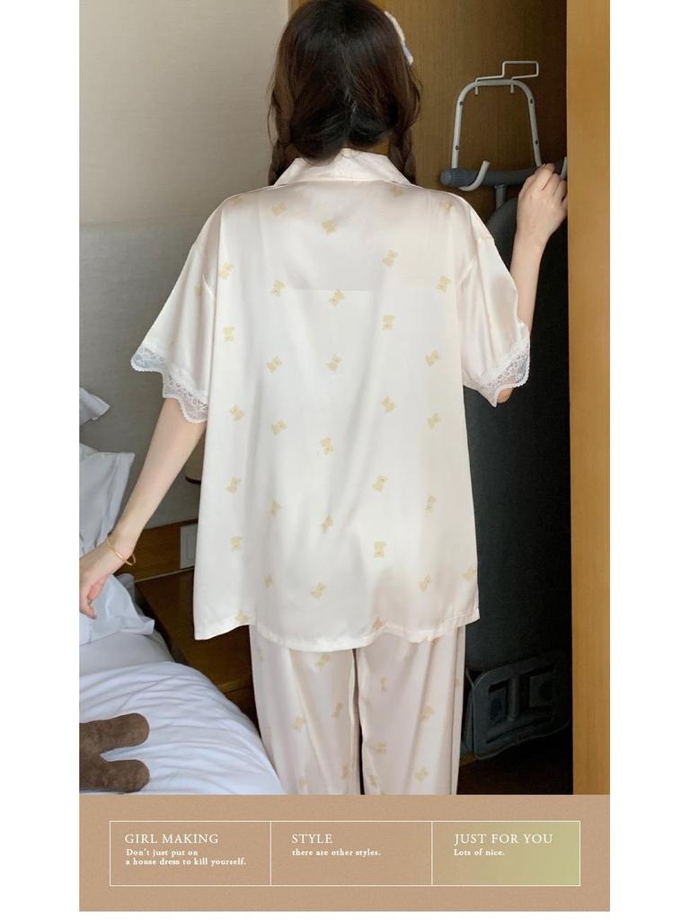 Damen Eisseiden-Pyjama - Sommer Niedliches Bär-Design, Cartoon-Stil, Kurzarm, Lange Hose, Hochwertiges Gefühl, Homewear