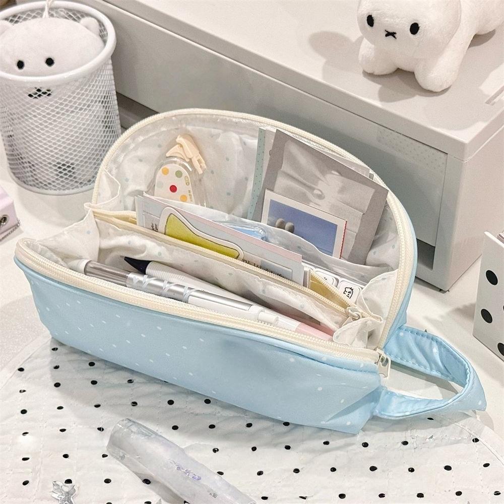 Polka Dot Shell Pencil Case Large Capacity Nylon Pen Bag Kawaii Cute Handheld Stationery Organizer For Girls Student Makeup Bag