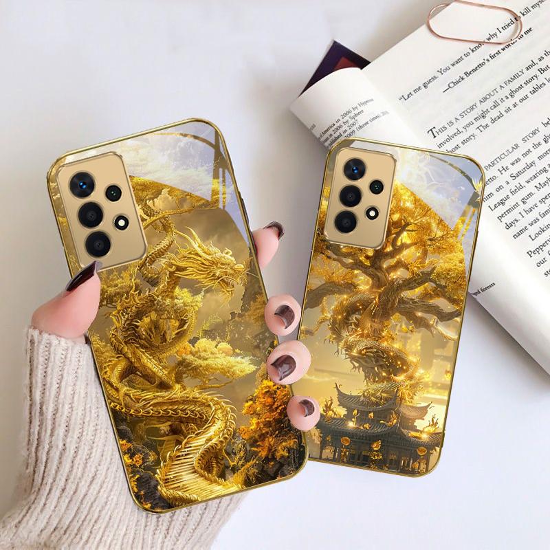 Mythical Golden Dragon For Samsung A 01 52S A04 A05S A10 A12 13 22 23 24 36 42 M02 Note 10 20Ultra 8 9 Golden glass phone case