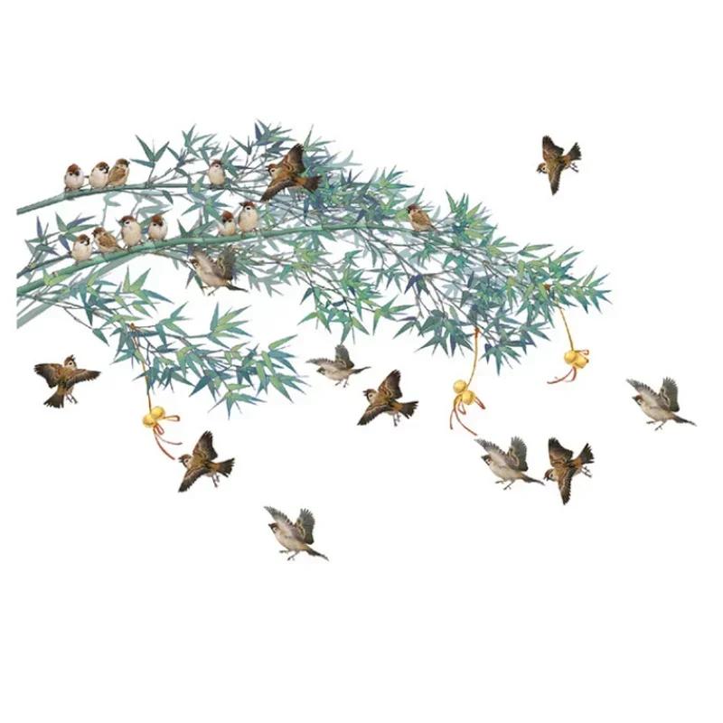 Pretty Hinese Ink Painting Bamboo Birds Wall Sticker 2025 Creative Sofa Background Ornament Vinyl Wall Decals Home Decoratioin